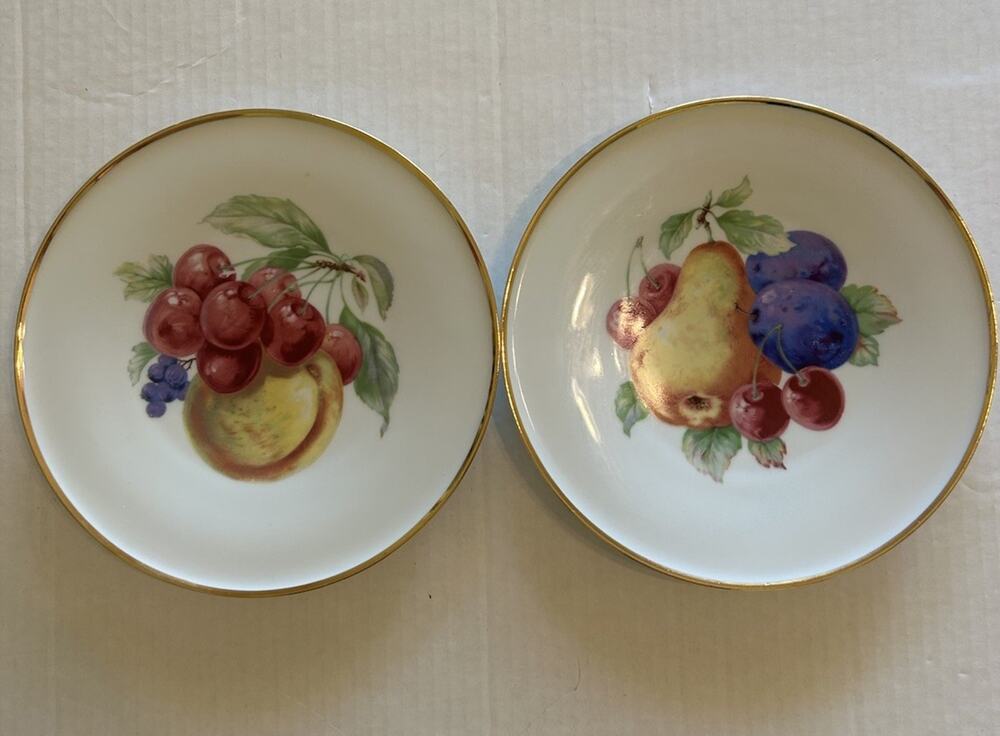Vtg PORZELLANFABRIK ARZBERG Set Of 2 FRUIT 8” PLATES Wall Bone China Gold Rim